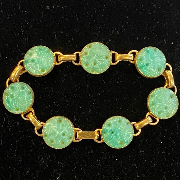 Vintage Czech Faux Peking Jade Floral Bracelet - Picture 2 of 9